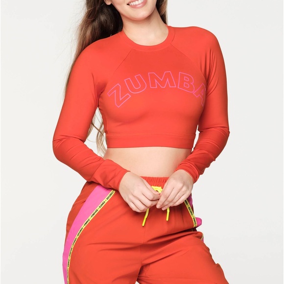 NWT Zumba Long Sleeve Crop Top with open back. Cherry Red with Pink Zumba logo. - Picture 2 of 7